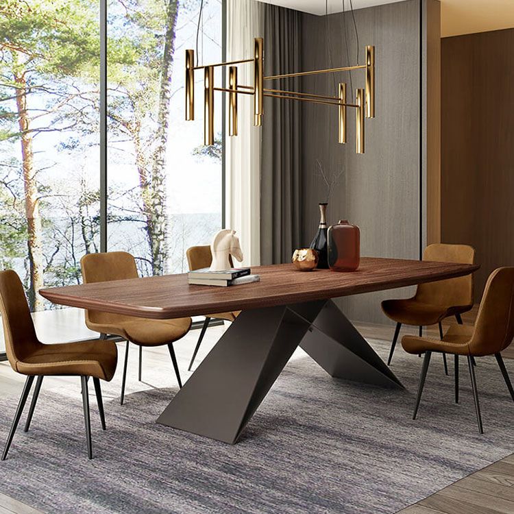 Mesa de madera maciza industrial para mesa de comedor rectangular de restaurantes en marrón con pedestal de metal
