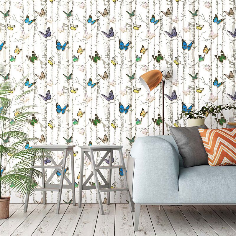 Birch Tree and Butterfly Wallpaper Roll Peel and Stick Wall Covering for Coffee Shop