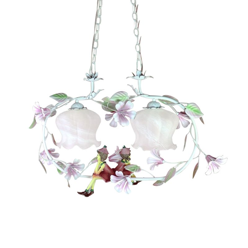 Pink Oval Hanging Chandelier Pastoral White Glass 2 Lights Living Room Ceiling Pendant