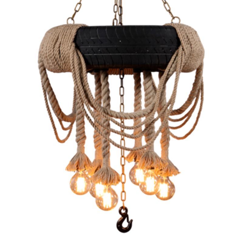 Black Tyre Chandelier Factory Rubber 6-Bulb Bistro Suspension Lamp with Hemp Rope