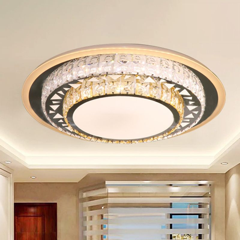 Round Ceiling Light Contemporary Clear Rectangle-Cut Crystal White LED Flush Mount Light