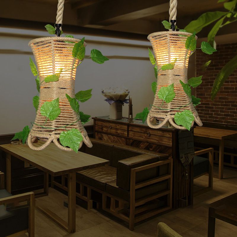 Bulbe 1 ampoule suspendue Hanging Light Rustic Natural Rope Fared Pendant Lightture avec Ivy artificiel