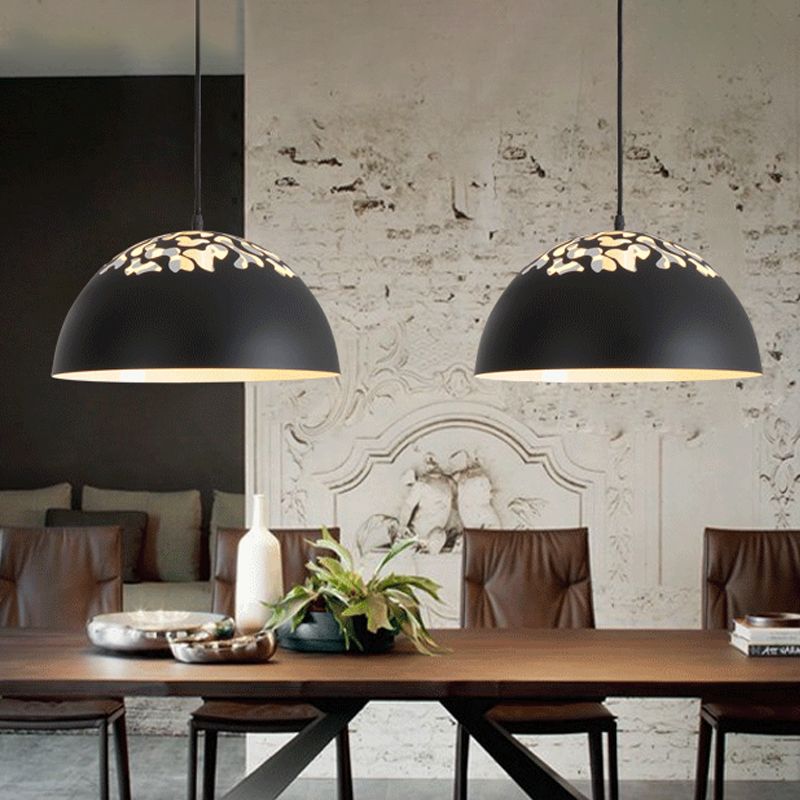 Nordic Dome Ceiling Hang Light 14"/16" Wide 1-Light Iron Pendant Lamp with Hollowed out Top in Black/White
