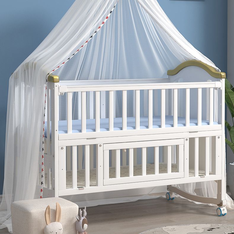 Modern Pine Wood Baby Crib with Casters and Mattress, White Upholstered Arched Crib