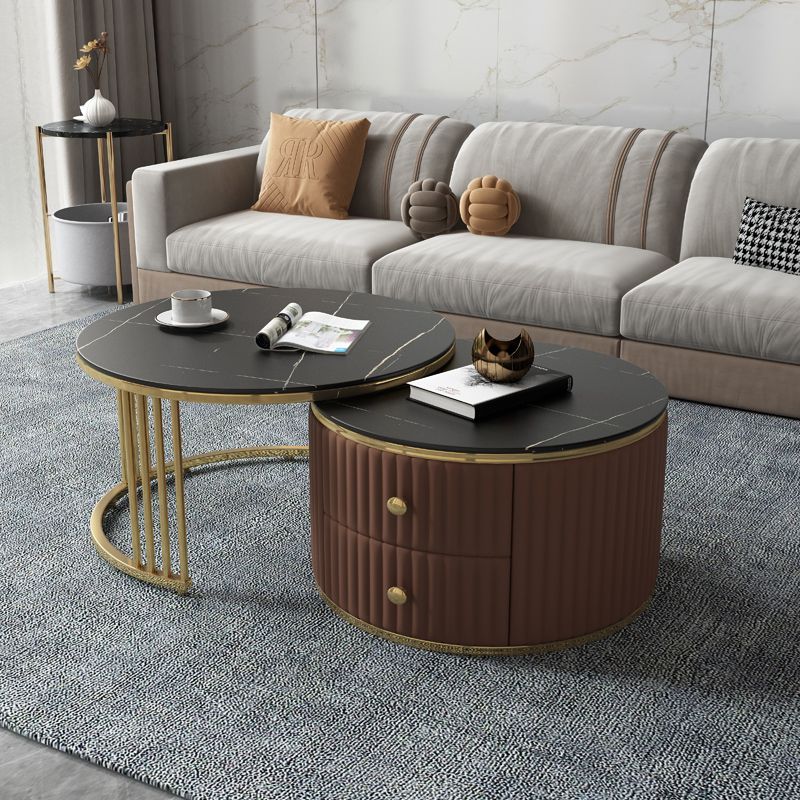Round Coffee Table Glass Top Nesting Coffee Table Set with Golden Legs