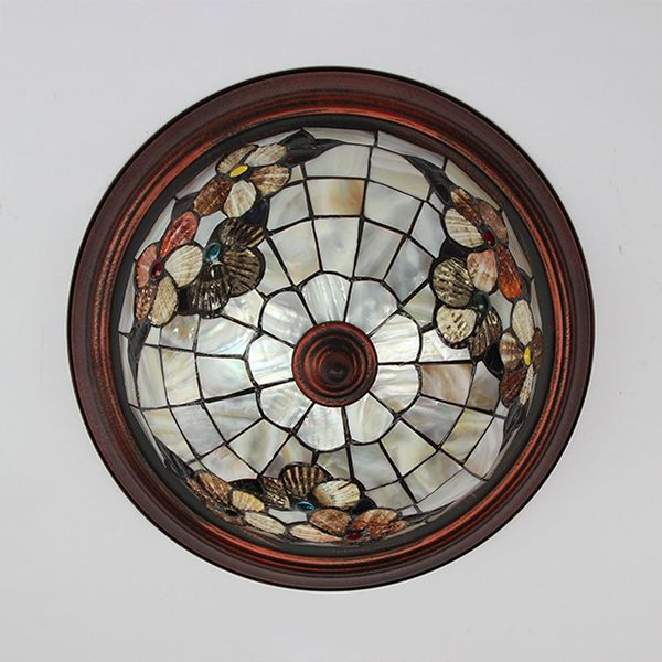 Beige ronde inbouwlamp Vintage glas-in-lood 1-lamps plafondlamp met bloemenpatroon