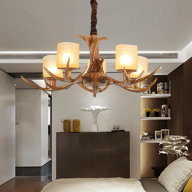 Cylindrical Glass Ceiling Lamp Traditional 4/6/8-Bulb Living Room Pendant Chandelier in Brown