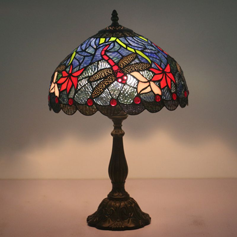 Mediterranean Dragonfly/Star/Tulip Nightstand Lamp Single Head Stained Glass Table Light in Bronze for Bedside
