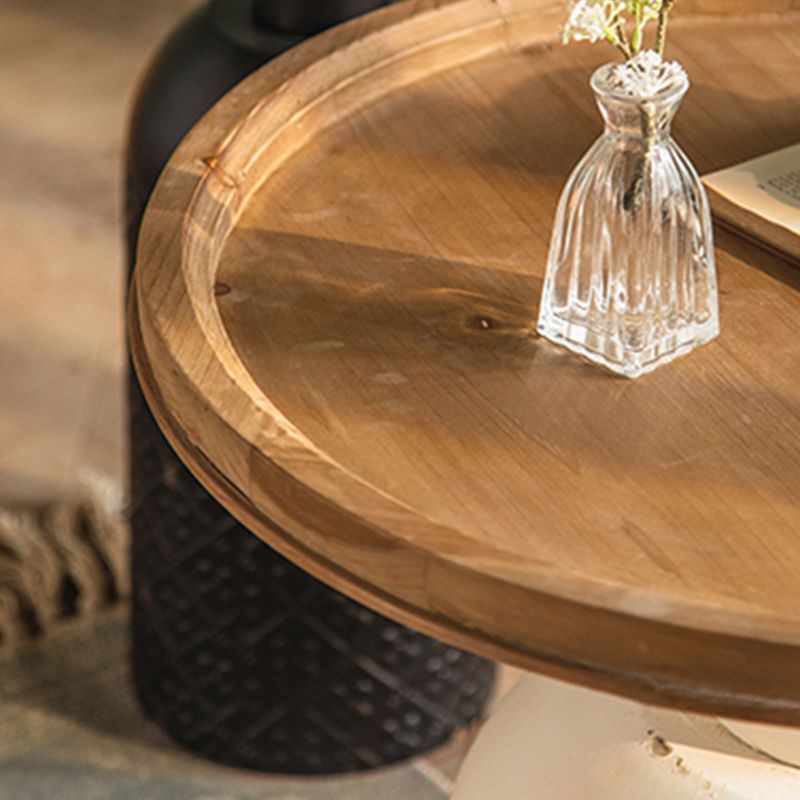 Rustic Iron Pedestal Round Wood Top Coffee Table - Distressed Surface Treatment
