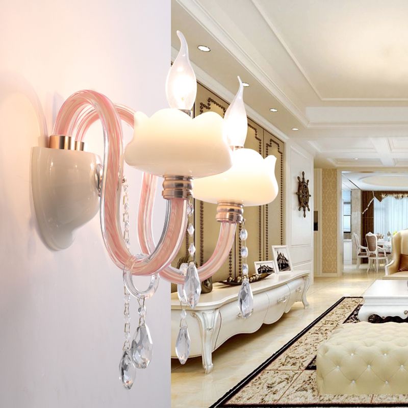 2 Bulbs Crystal Prism Sconce Light Traditional Pink Candelabra Living Room Wall Mounted Lighting