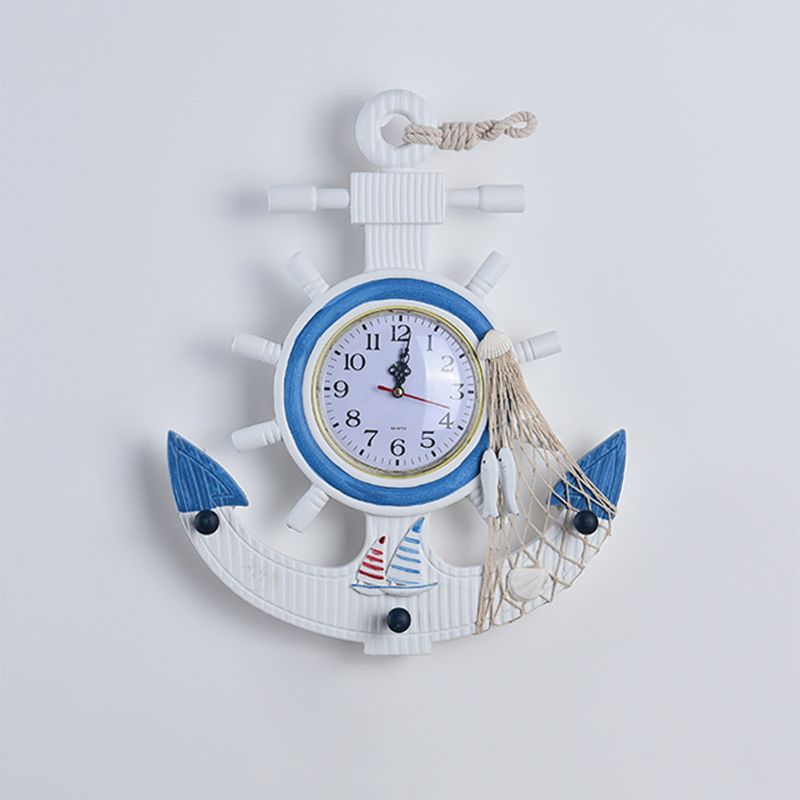 Contemporary Anchor Shaped Wall Light Fixture Wooden Kids Bedroom LED Clock Wall Mounted Lamp in Blue