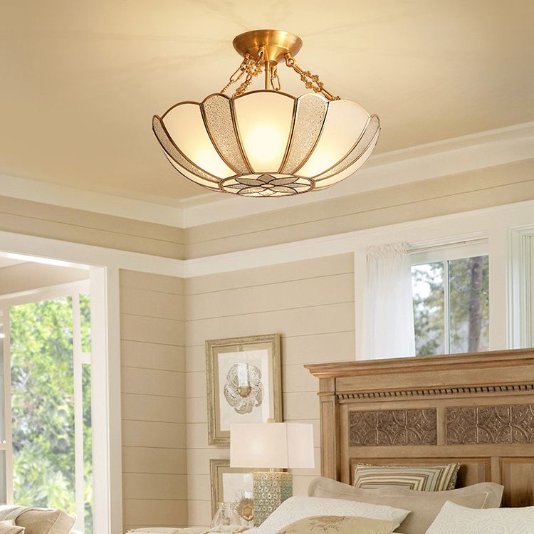 Textured Frosted Glass Scalloped Ceiling Lamp Vintage 4-Bulb Kitchen Semi Flush Mount Light in Brass
