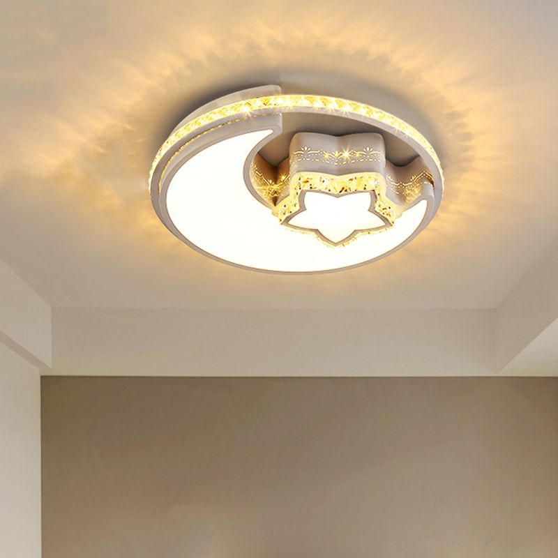 Simplicity Flower/Moon Flush Mount Faceted Crystal LED Bedroom Ceiling Light Fixture in Chrome