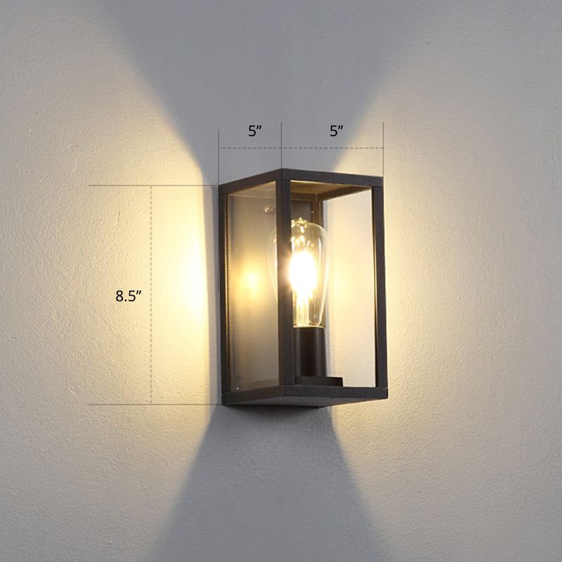 Box Patio Wall Lighting Fixture Transparent Glass 1 Bulb Modern Wall Sconce in Black