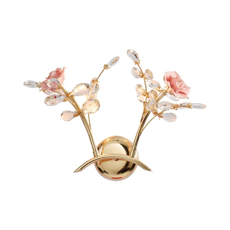 Branch Corridor Wall Lighting Contemporary Clear Crystal Raindrops 2 Heads Gold Wall Mount Lamp with Rose Design