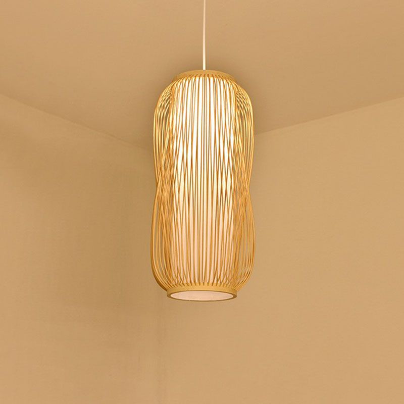 Cage Lantern Pendant Light Fixture Asia Bamboo 1-Light Bistro Suspension Lamp in Wood