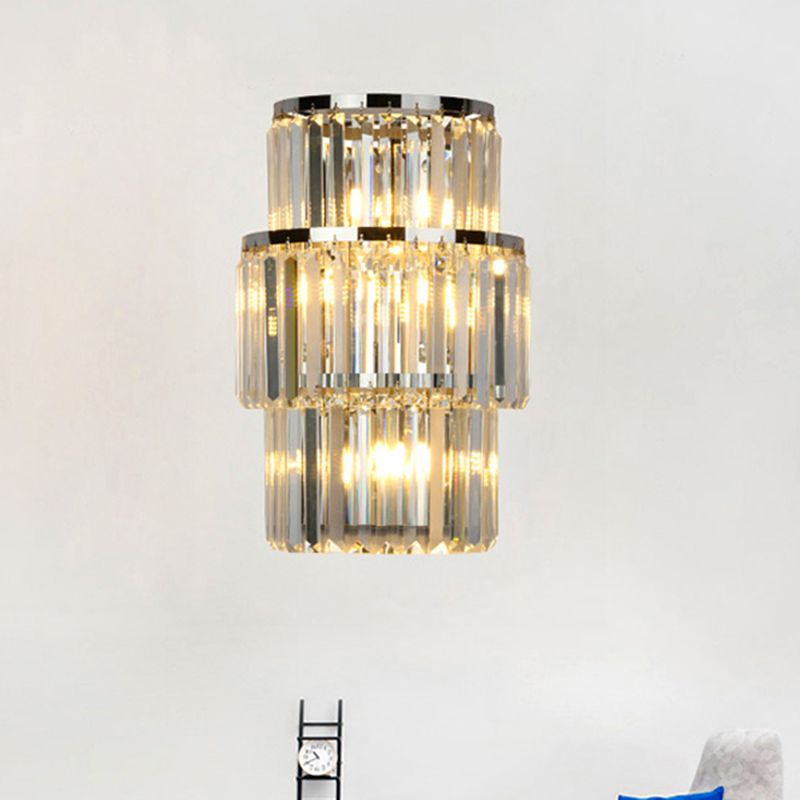 Crystal Block Cylinder Wall Mounted Light Contemporary 3 Lights Silver Sconce Light
