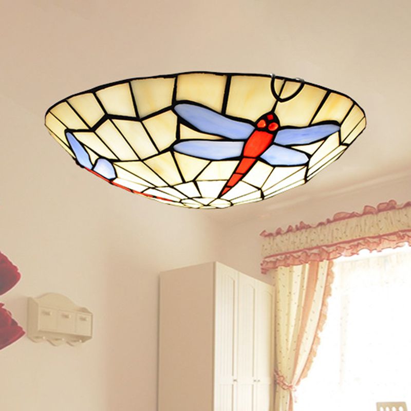 Dragonfly Round Ceiling Lighting Hand-Crafted Glass Tiffany Flush Mount Light in Sky Blue