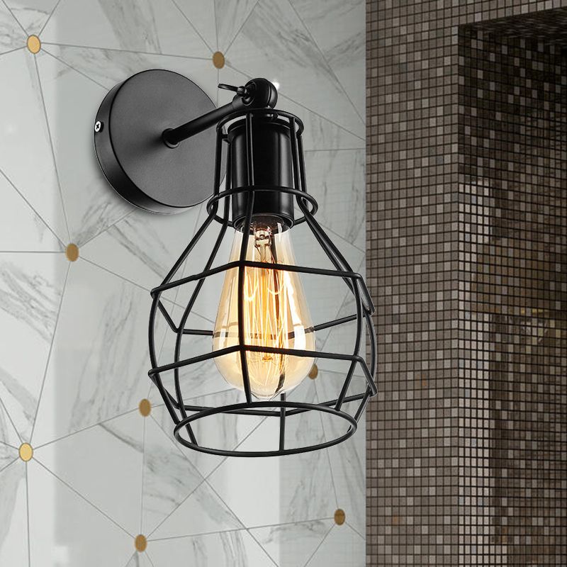 Black Barrel/Flared Cage Wall Sconce Industrial Style Metal 1 Head Living Room Rotatable Wall Mount Light