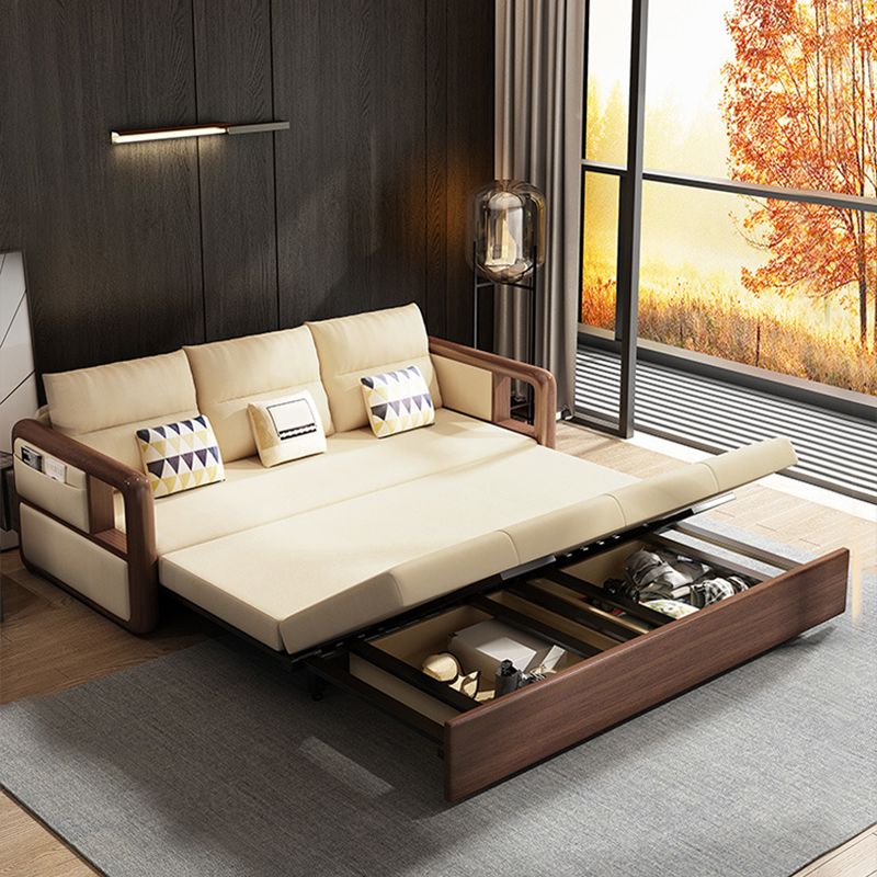 Modernism Brown Fabric Sofa Bed Solid Wood Sofa with Storage