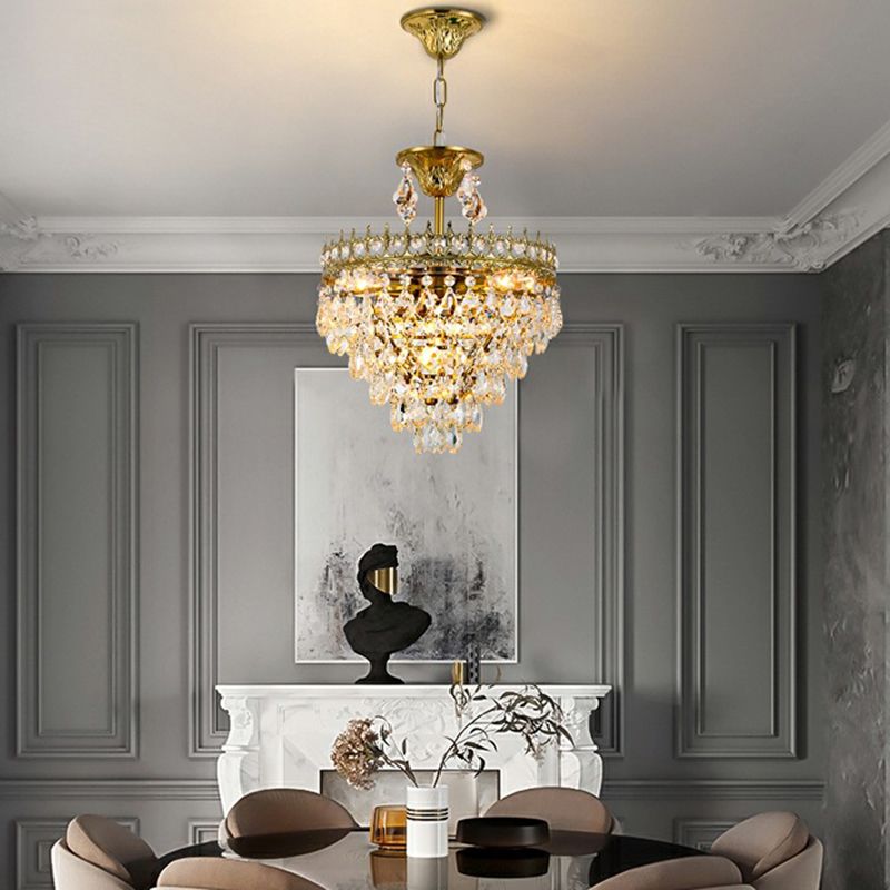 Victorian Crown Shaped Hanging Lamp Clear Teardrop Crystal Chandelier for Living Room