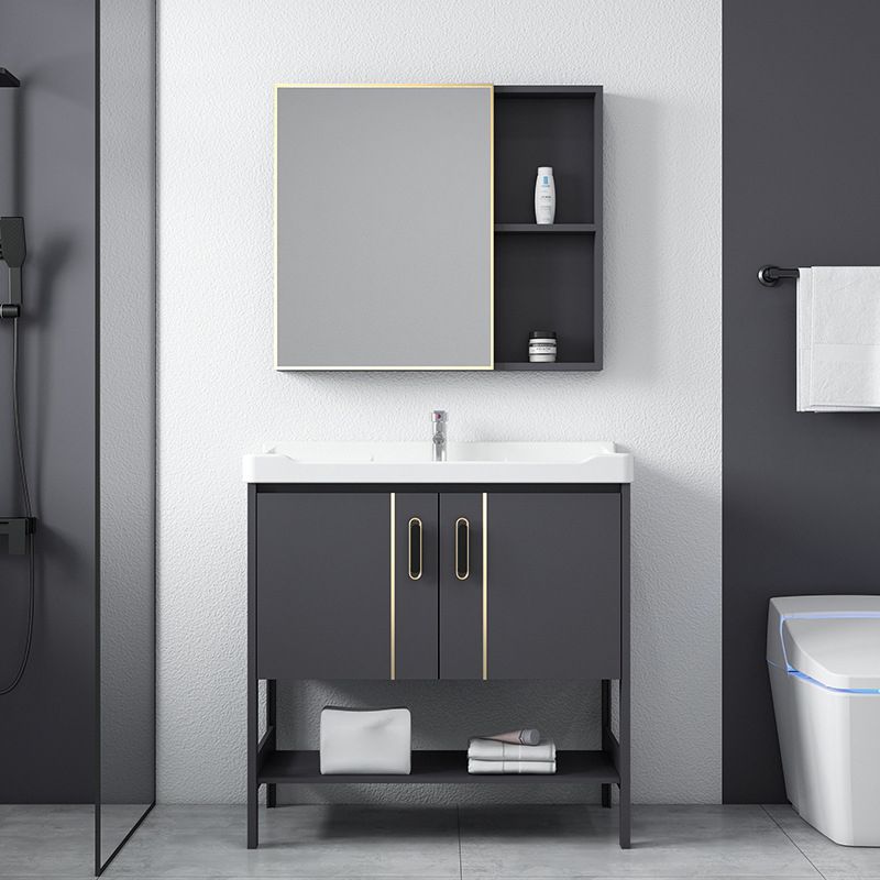 Single Sink Vanity Shelving Included Metal Frame 2 Doors Freestanding Modern Vanity