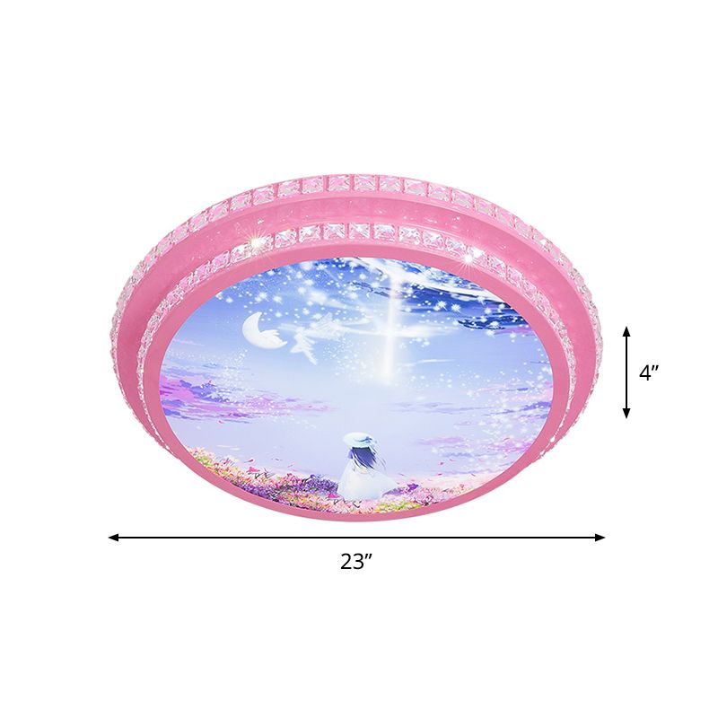 Night Sky Pattern Circular Flushmount Romantic Modern Acrylic Pink LED Ceiling Flush Light with Crystal Trim