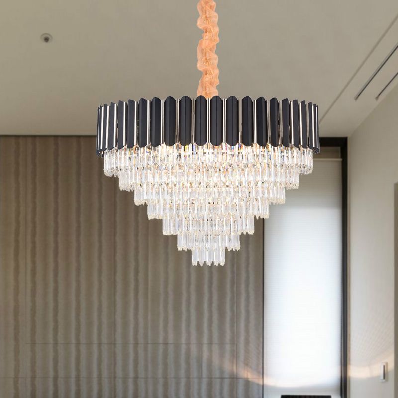 Layered Chandelier Lighting Fixture Minimalist Crystal 16/22 Lights Black Hanging Pendant Light