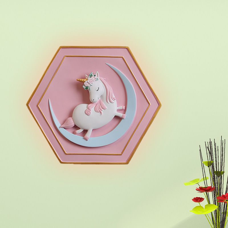 Pink Unicorn Sconce Lighting with Hexagon Design Cartoon LED Resin Pull-Chain Wall Lamp