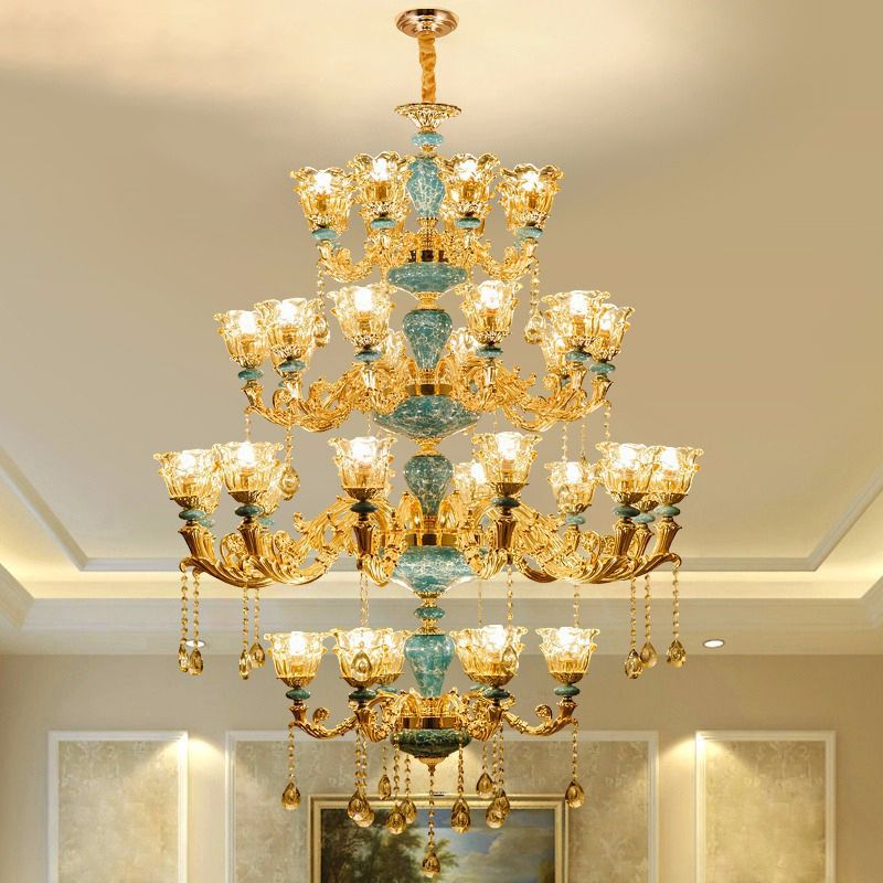Ruffled Edge Living Room Chandelier Light Retro Handblown Glass Gold Pendant Light Fixture with Crystal Draping