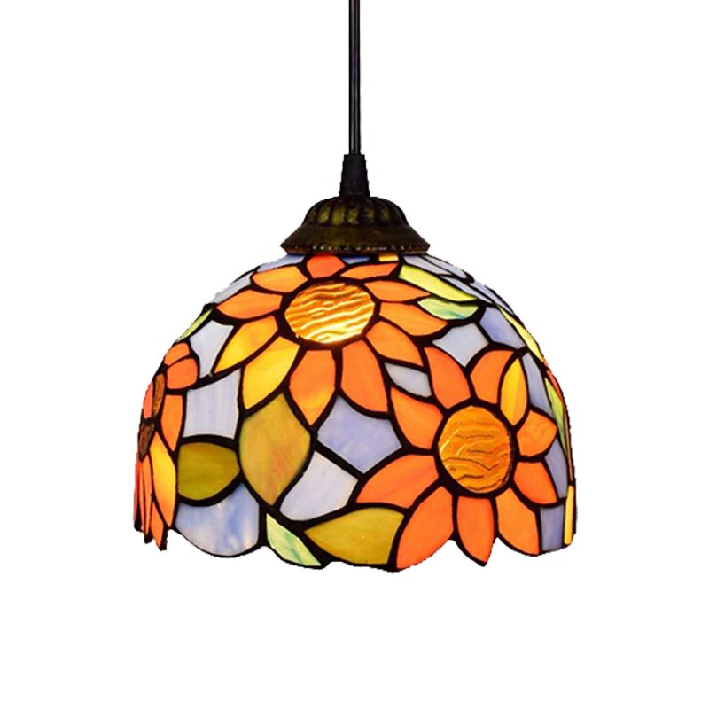 1 Bulb Pendant Lighting Tiffany-Style Domed Orange-Blue Stained Glass Ceiling Hanging Light