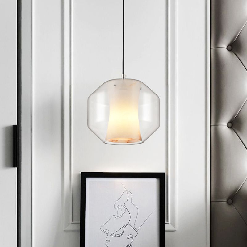 Pendante courbe blanche Curbe Light moderne Single Faux Marble Plafond Suspension Lampe avec bouteille extérieure / lanterne en verre transparent