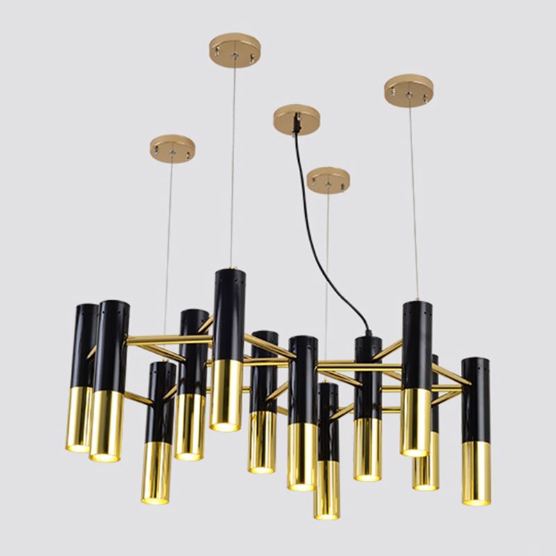 Postmodern Black-Gold Chandelier Metal Tubular Living Room Suspension Light