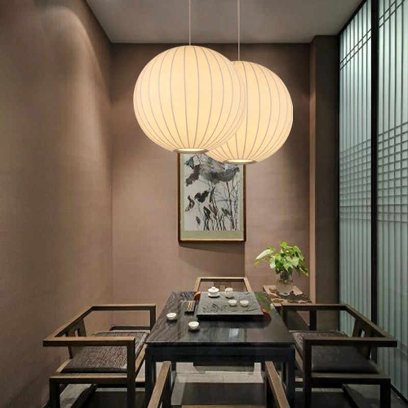 Globe Stretch Silk Suspension Lamp Nordic Style 1-light Dining Room Lighting Fixture in White