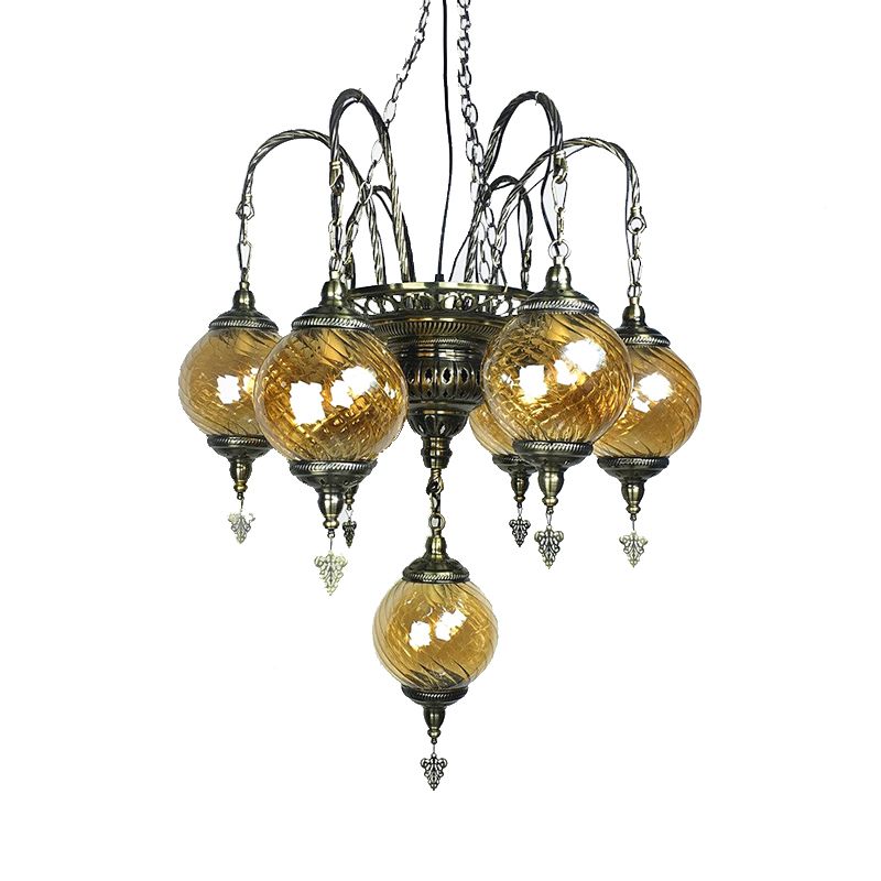 Globe Chandelier Vintage Amber Swirl Glass 7 Bulbs Pendant Light Fixture for Coffee House