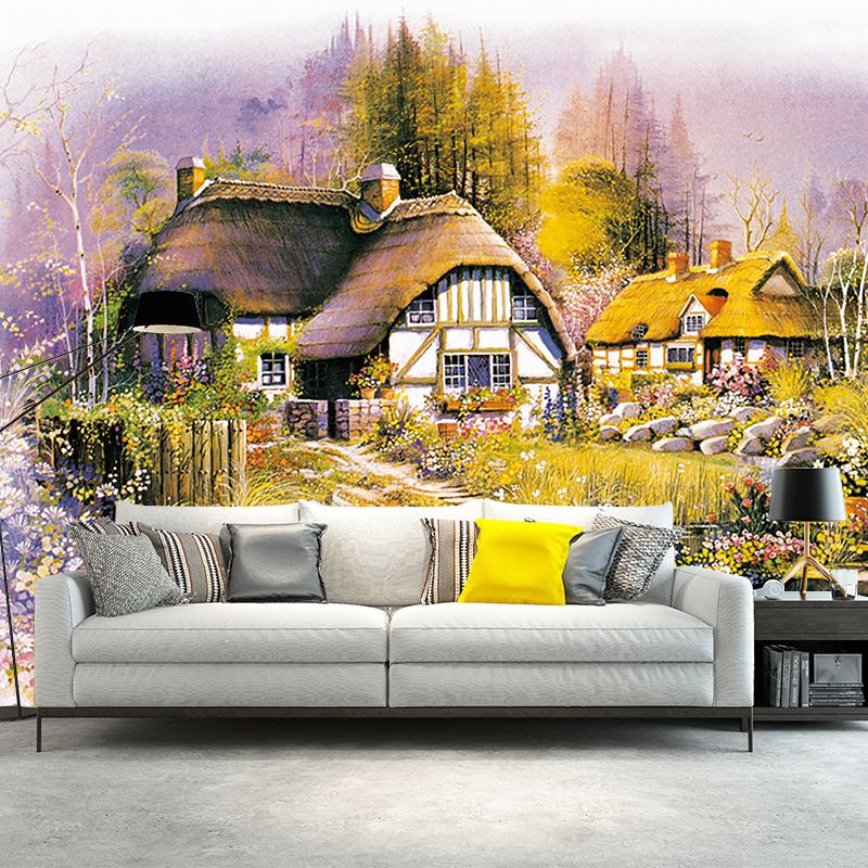 Village House Drawing Wall Murals Brown-Green-Yellow Stain Proof Wall Decoration