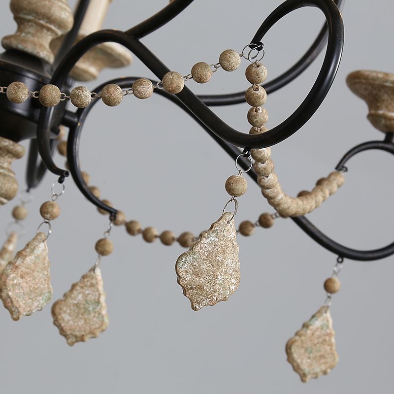 5 Bulbs Candle Hanging Lamp Countryside Distressed White Iron Chandelier Lighting with Wood Beads