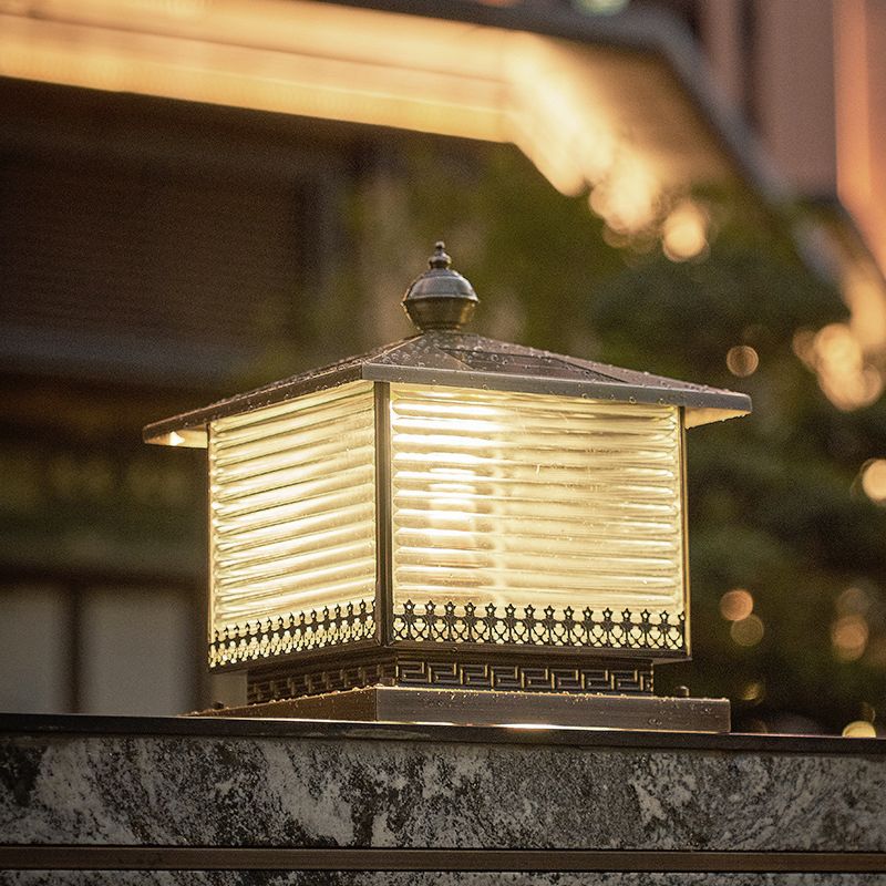 Rectangle Shape Metal Pillar Lamp Modern Style 1 Light Solar Outdoor Light in Brass