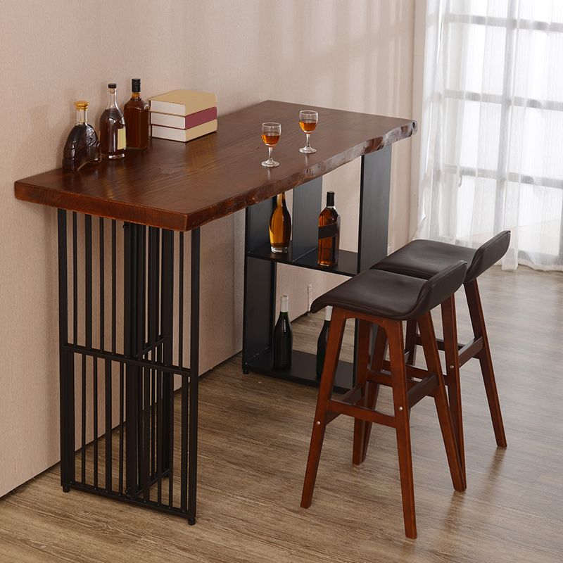 Contemporary Rectangle Bar Table Solid Wood Brown Bar Dining Table with Storage