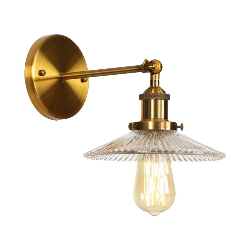 1 Light Clear Textured Glass Wall Sconce Light Vintage Brass Tapered Bedroom Lighting Fixture