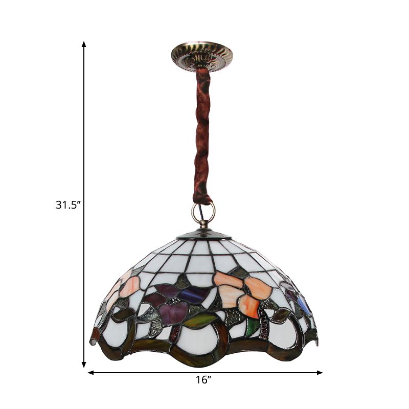 White 3 Heads Suspension Lumière Tiffany Style Verre de vitrail lampe de lustre festonnée