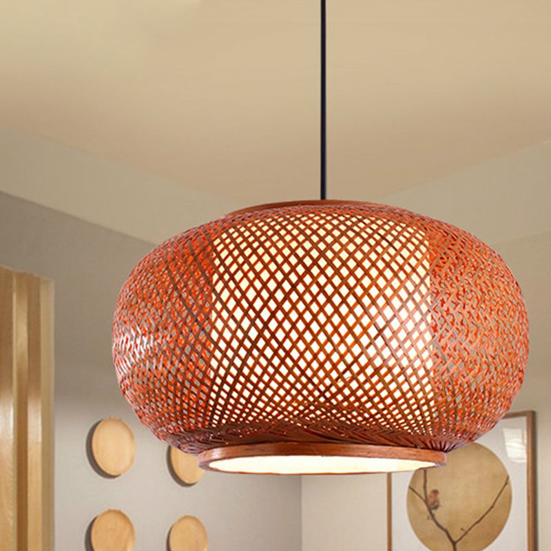 Curved Drum Suspension Pendant Asian Bamboo 1 Bulb Brown Hanging Light Kit, 16"/19.5"/23.5" Wide