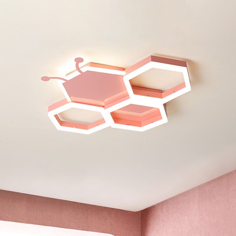 Kids Honeycomb Iron Ceiling Flush Light LED Flushmount Lighting in Pink/Black for Baby Room, Warm/White Light