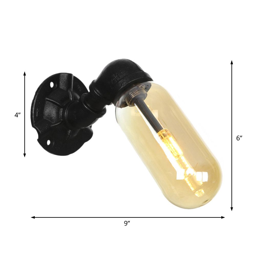 1 Glühbirnenkapsel Lampe Black Industrial Metall und Bernsteinglaswand Montiertes Licht für Innenräume mit Rohr