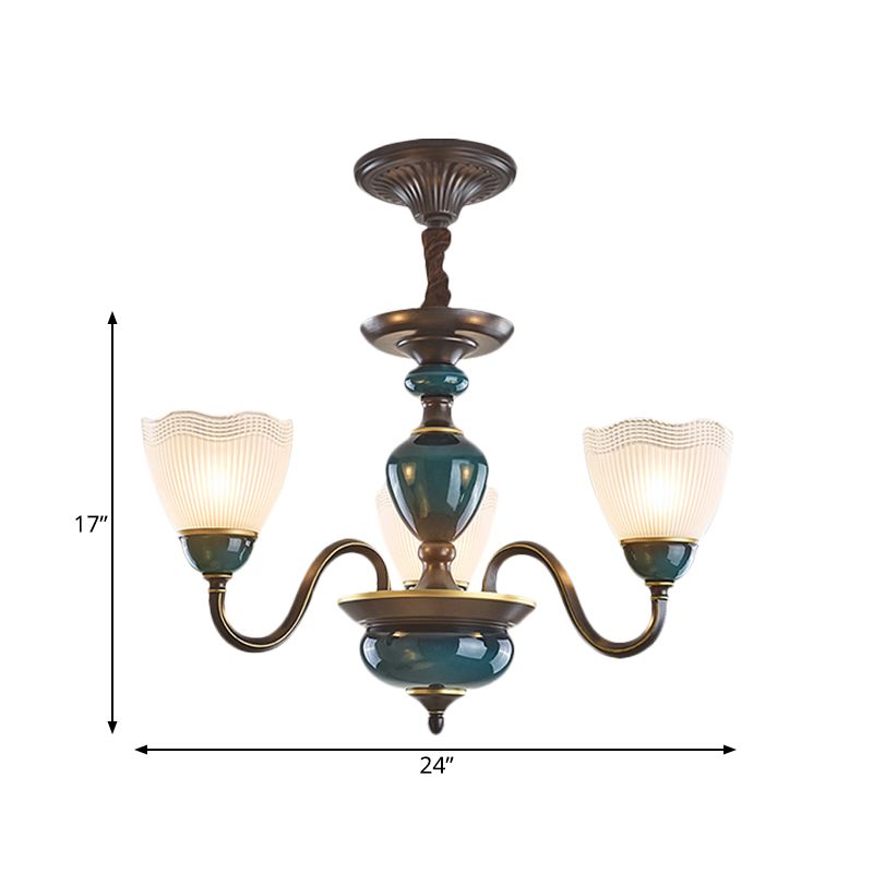 Bowl Frosted Prismatic Glass Hanging Lamp Country 3/6 Lights Bedroom Chandelier Light in Black with Curving Arm