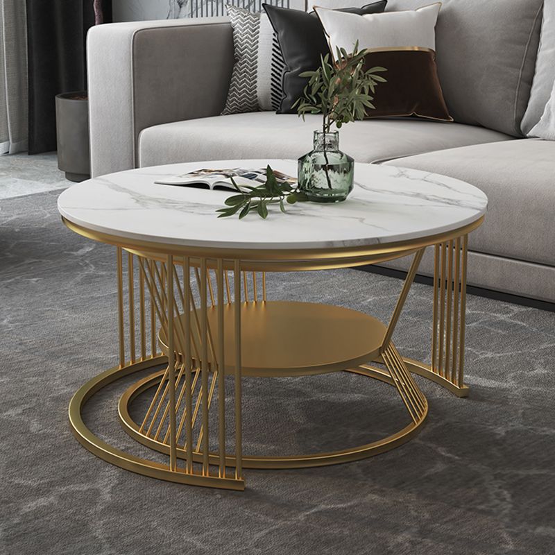 Contemporary Coffee Table Set Round White 2-Piece Coffee Cocktail Table