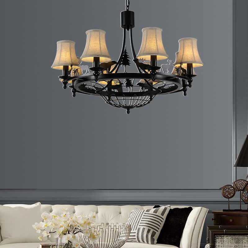 6 Lights Fabric Chandelier Light Fixture Traditional Black Cone Living Room Ceiling Light