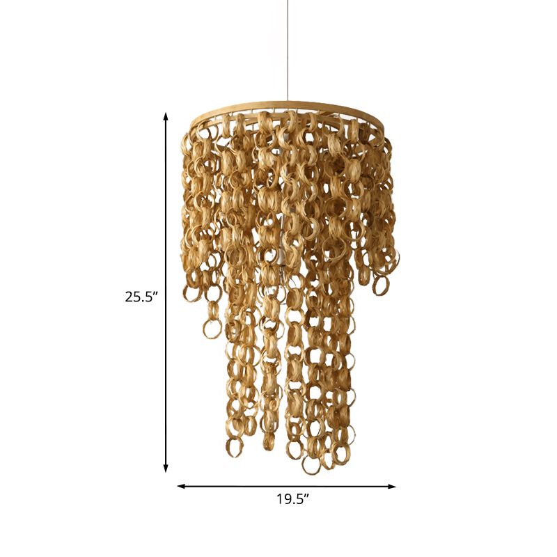 Square/Round Hanging Light with Waterfall Design Asia Bamboo Rattan 2-Bulb Beige Chandelier Pendant Lamp