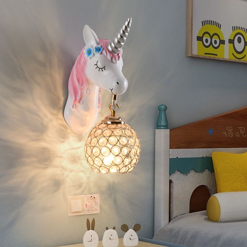 Cartoon Unicorn Wall Mount Light Resin Bedside Wall Lighting with Hollowed out Globe Shade