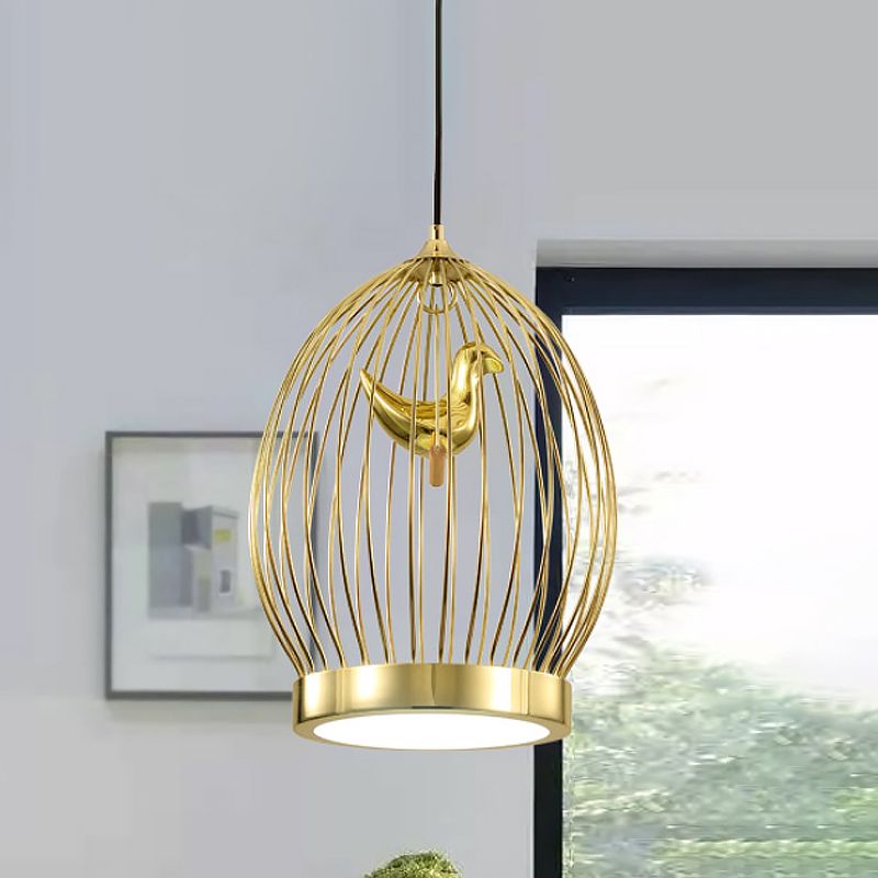 Global Cage Metallic Hanging Light Fixture Modern 1-Head Gold Finish Suspended Pendant Lamp with Bird Deco